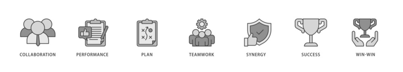 Partnership icons set collection illustration of collaboration, performance, plan, teamwork, synergy, success and win win solution icon live stroke and easy to edit 