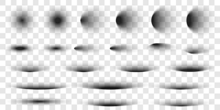 Realistic round shadow with soft edges. Gray round and oval shadows isolated on transparent background. Template shadow soft, floor oval and circle blurry edges shadows. Vector