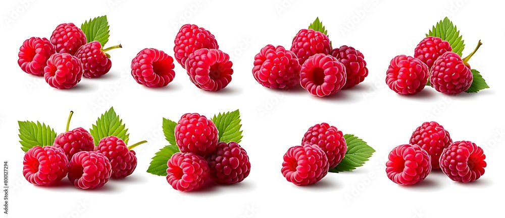 Wall mural set of raspberry , many angles and view side top front group pile heap isolated on white background 