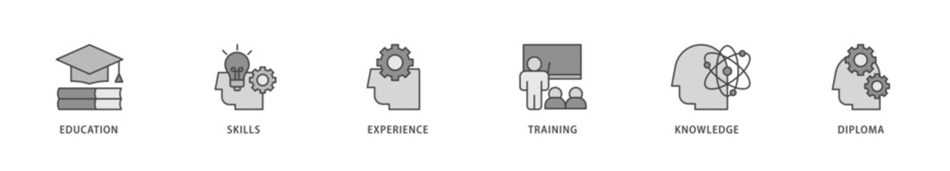 Qualification icons set collection illustration of education, skills, experience, training, knowledge, and diploma icon live stroke and easy to edit 