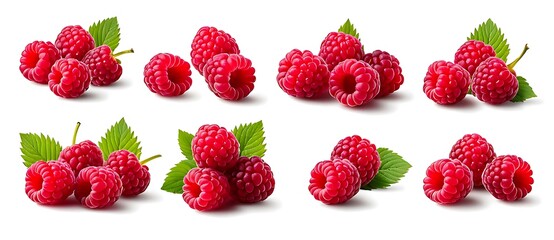 set of Raspberry , many angles and view side top front group pile heap isolated on white background cutout. Mockup template for artwork graphic design 