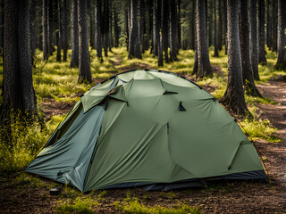 Camping in the forest, setting up camping tents, camping in the wilderness, outdoor sports, getting close to nature