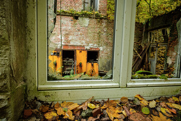 Lost place building with window and electricity industry in fall