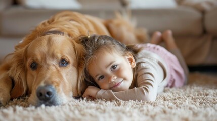 Little kid playing with a dog on carpet floor at home.