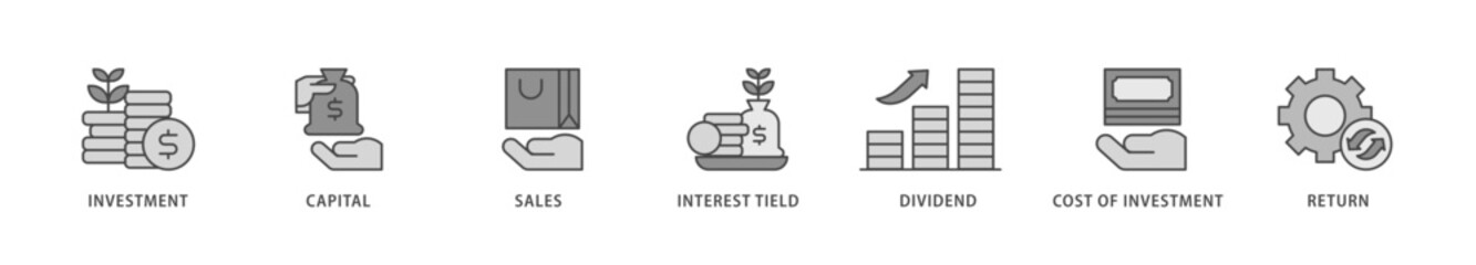 Roi icons set collection illustration of return, interest tield, cost of investment, dividend, sales, capital, investment icon live stroke and easy to edit 