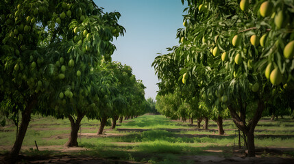 Close-up of Fresh green Mangoes hanging on the mango tree on a garden farm