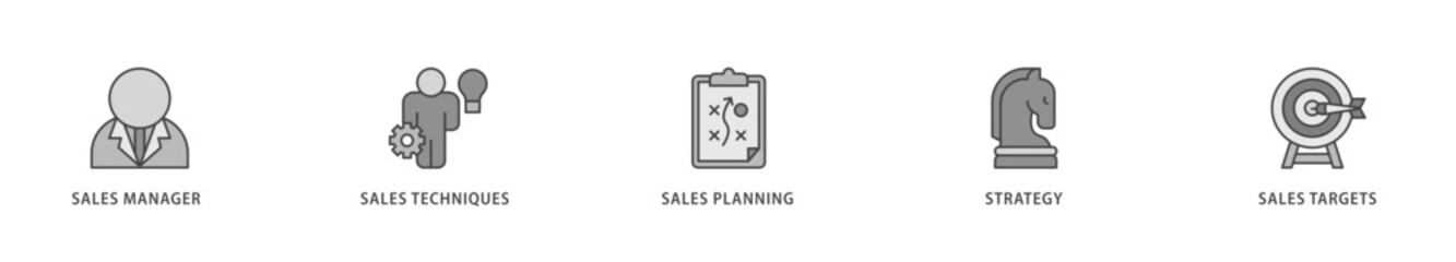 Sales management icons set collection illustration of manager, sales techniques, planning, strategy, and targets icon live stroke and easy to edit 