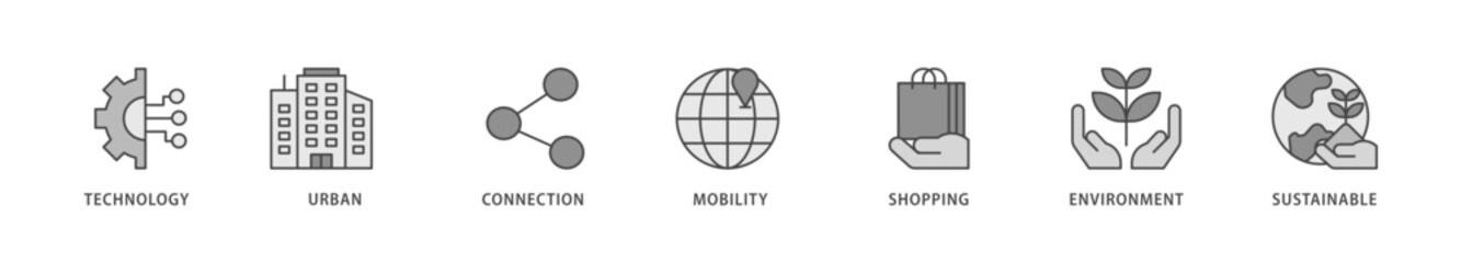 Smart city icons set collection illustration of technology, urban, connection, mobility, shopping, environment and sustainable icon live stroke and easy to edit 