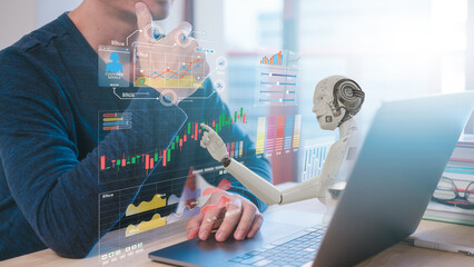 Data analysis Robot trading concept. businessman working with data charts with AI Robot represents...