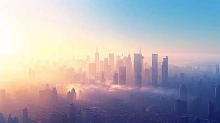 Fototapeta premium Ethereal Cityscape at Sunrise with Glowing Skyscrapers Over Mist