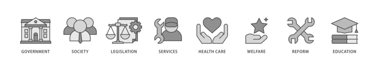 Social policy icons set collection illustration of education, reform, services, welfare, health care ,legislation, society, government icon live stroke and easy to edit 