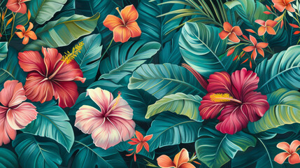 Tropical Hibiscus and Lush Greenery Digital Wallpaper Design