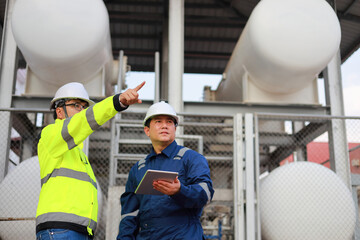Portrait of professional man engineer working checking work place to keep liquid helium in industry.