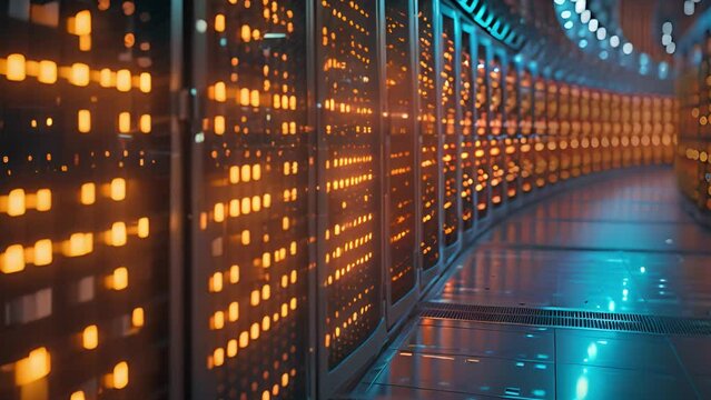 Illuminated Server Racks in Data Center Corridor