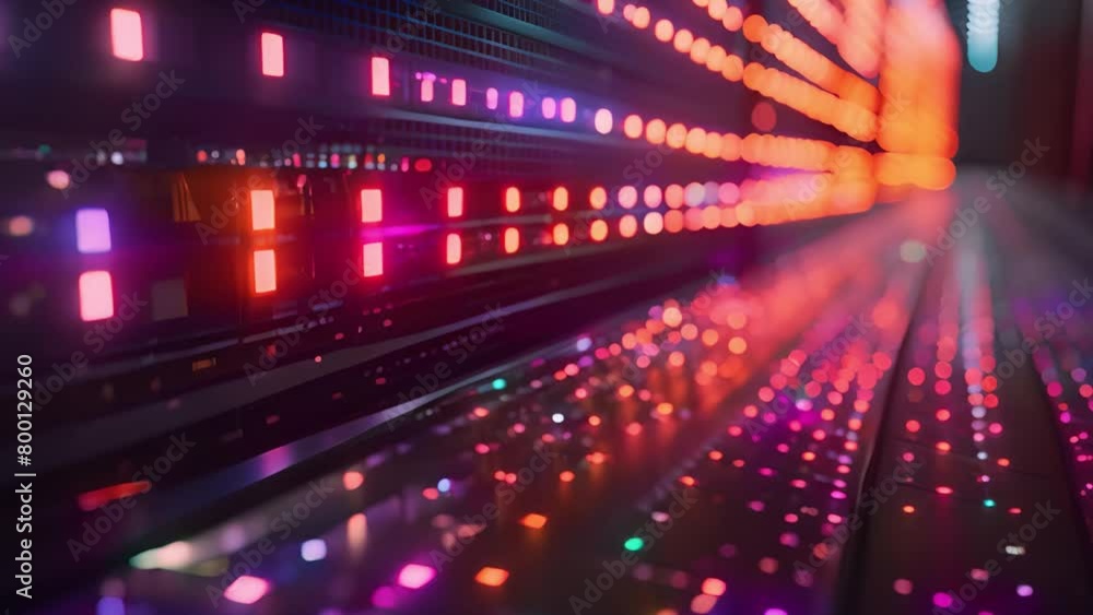 Poster close-up view of a data center server rack with blinking lights