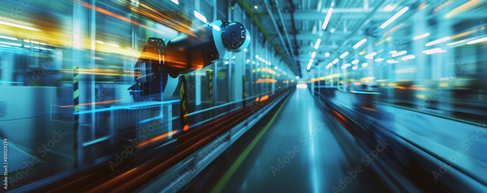 Poster futuristic robotic arm in motion at a high-tech production line in a modern factory