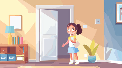 Little girl opening door in modern room Vectot style