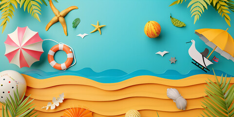 Fototapeta na wymiar A colorful display of beach accessories including a umbrella rings boat , Various beach items with umbrellas balls swim rings starfish and sea Aerial view of a summer ,Colorful summer wallpaper