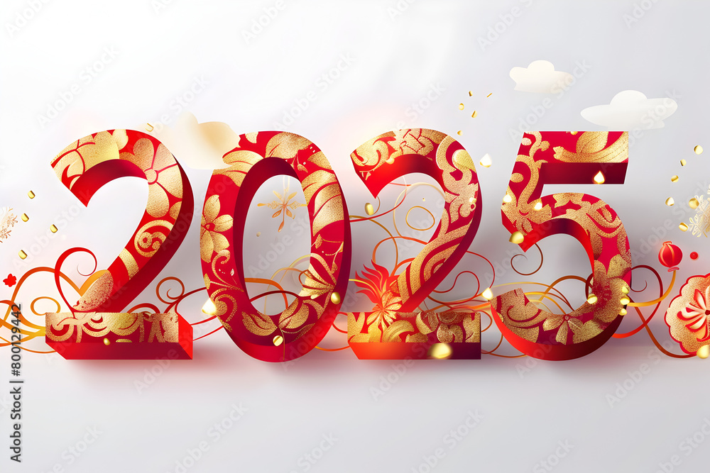 Poster the number twenty-five is written in a flowery font. the font is red and gold, and the flowers are s