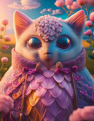 Illustrazione fantasy di un gatto, colori pastello tenui, luce al tramonto. Occhi grandi che riflettono il cielo.