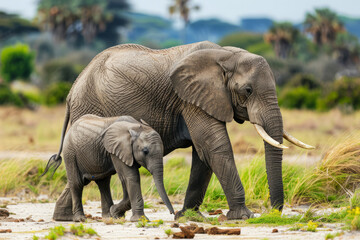 Obraz premium African elephants walking across grassy savannah. Mother and calf elephant in natural habitat with landscape of national park