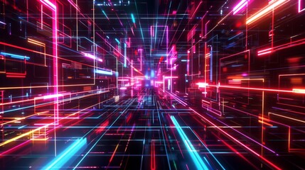 Fototapeta premium Vibrant Neon Light Tunnel with Futuristic Digital Art Concept