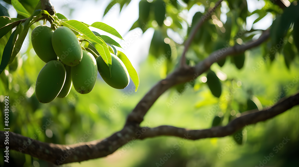 Wall mural close-up of fresh green mangoes hanging on the mango tree on a garden farm