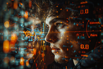 Concentrated and focused man with various math symbols and digits surround his face. Visualization of thought processes around person - obrazy, fototapety, plakaty