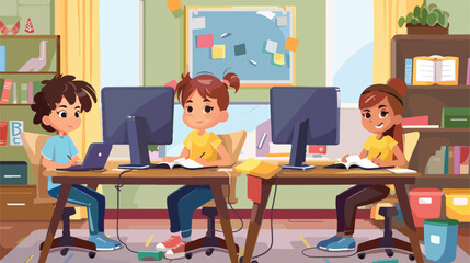 Little pupils studying online at home Vectot style vector