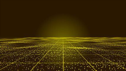 Digital yellow particle dots wave on lights abstract background. Moving retro grid technology on background with light effect corporate concept