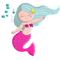 Cute mermaid clipart, fairytale illustration isolated on a white or transparent background