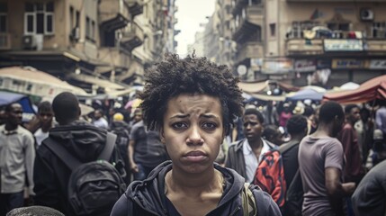 Young Woman Looking Pensive in a Busy City Street