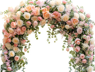 Floral arch featuring pink and white roses, green leaves on a white background - obrazy, fototapety, plakaty