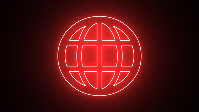 Red neon pictogram for a webpage. World web icon, www earth globe icons .com, internet symbol for your logo, app, or website design. Contact icons on a website