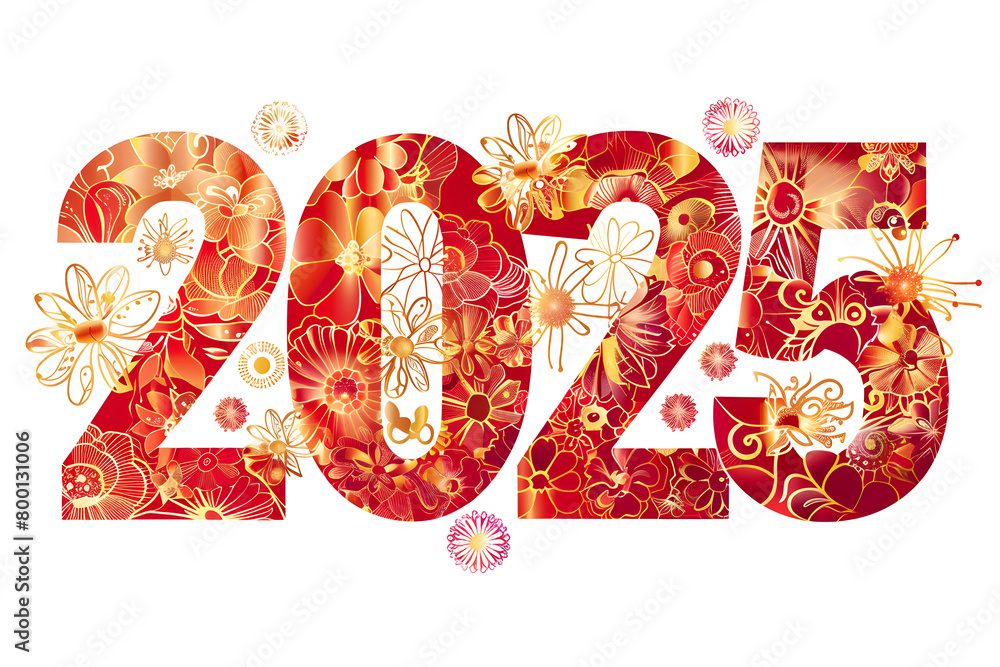 Poster the number twenty-five is written in a flowery font. the font is red and gold, and the flowers are s