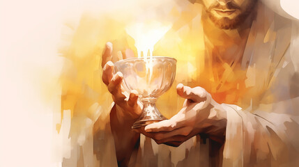 Christian spirituality, believers raise the holy cup of wine, symbolizing the blood of Jesus Christ, as they offer their hands in reverence to God, embodying their religious devotion and faith.