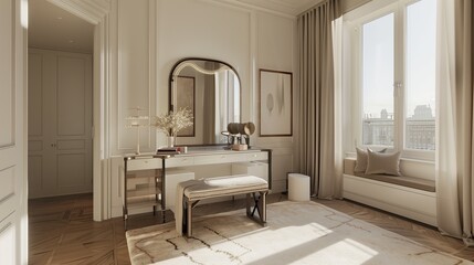 A chic dressing area with a full-length mirror, vanity table, and plush bench.