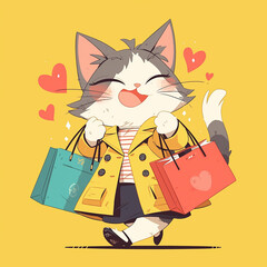 A cartoon cat is wearing a blue jacket and holding shopping bags. The cat is walking on a yellow background