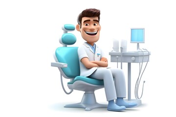 3d avatar of a male dentist on a white background. The dentist is sitting in work clothes - obrazy, fototapety, plakaty