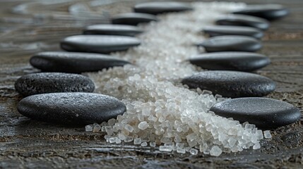 Zen-like display of fine sea salts and flat spa stones, creating a path on a textured wooden table - obrazy, fototapety, plakaty