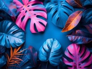 Artistic arrangement of tropical leaves with a vivid blue and pink color palette, ideal for modern botanical themes.
 - obrazy, fototapety, plakaty