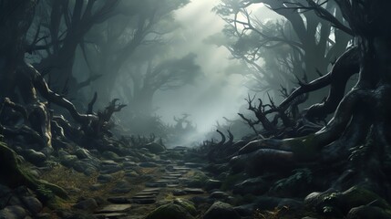 Mystical 3D forest landscape in fog with ancient trees and subtle light filtering through the mist ideal for fantasy settings or mysterious game levels