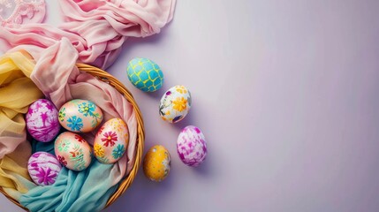 Fototapeta premium Top view of beautiful Easter eggs with scarf on table
