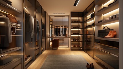 A chic walk-in closet with custom shelving, mirrored doors, and plenty of storage space for shoes and clothing.