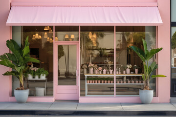 Florist boutique with pink awning and lush greenery, showcasing elegant arrangements and tropical plants in a stylish urban neighborhood