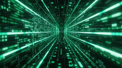 Futuristic Green Binary Code Tunnel with Digital Data Stream