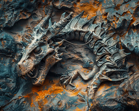 A weathered dragon fossil embedded in ancient rock its form hinting at the power and majesty of a forgotten era