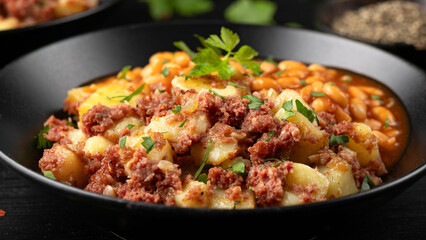 Corned beef hash with potatoes and beans in tomato sauce.