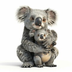 Koala bear with cub. 3D rendering cute animal isolated over white background.