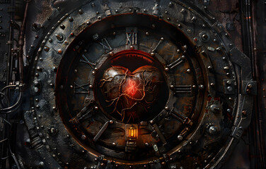 rusty metal steampunk heart with glowing red core